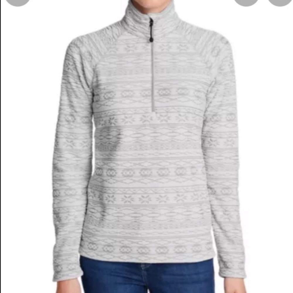 Eddie Bauer Women's 1/4 Zip Gray Taupe Fair Isle Lightweight Fleece - Medium